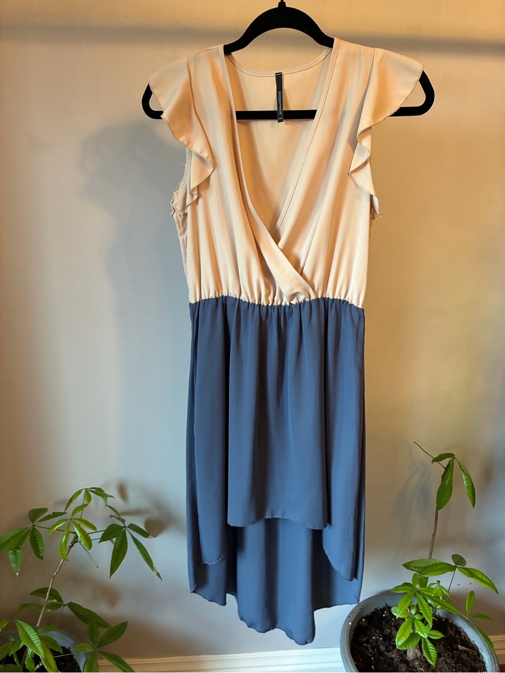 Peppermint Color Block High-Low Dress | Size Small | Cream & Slate Blue